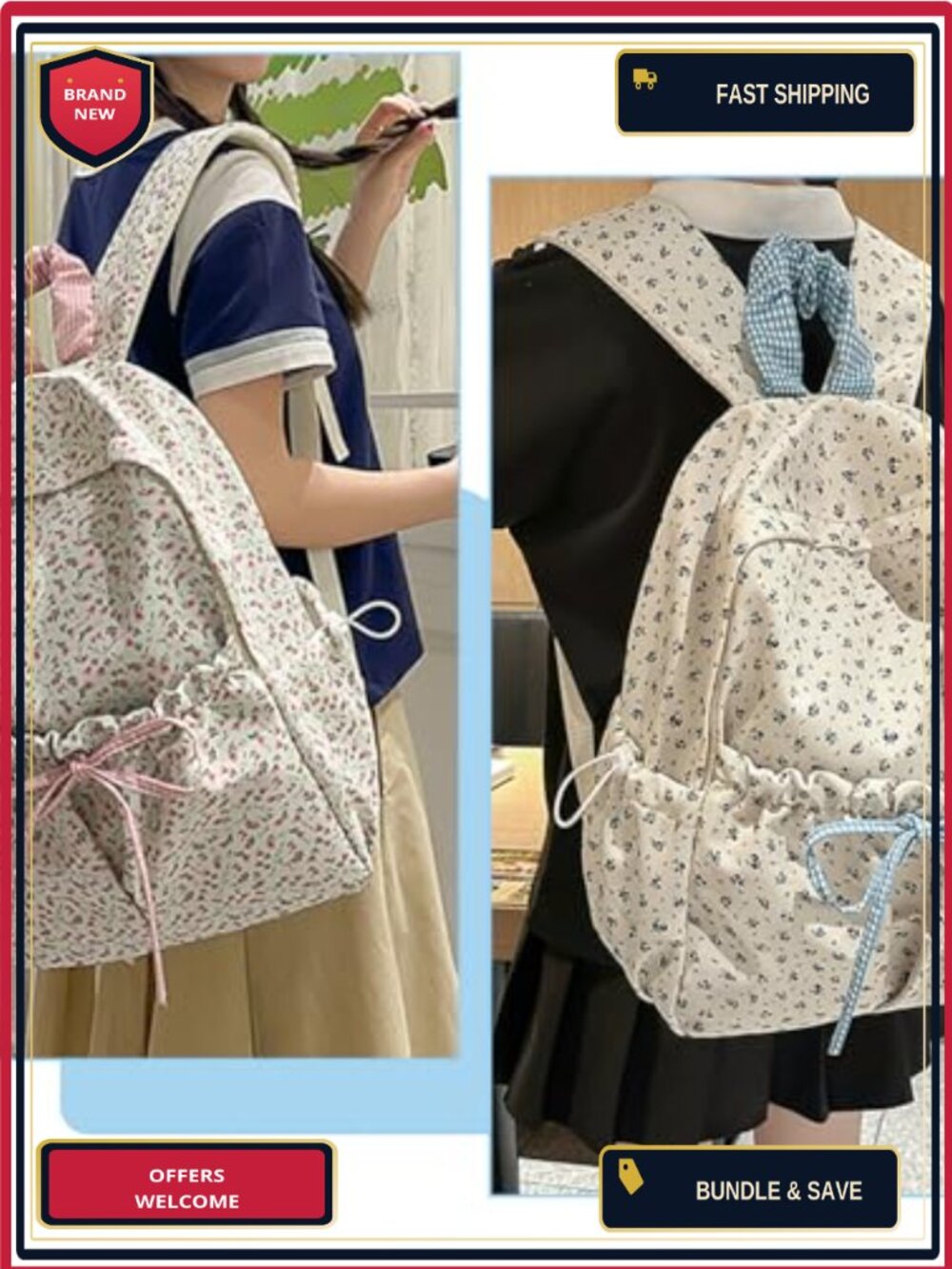 Cute Aesthetic Floral Backpack for Women Kawaii Preppy College Book Bag Laptop - Picture 6 of 6